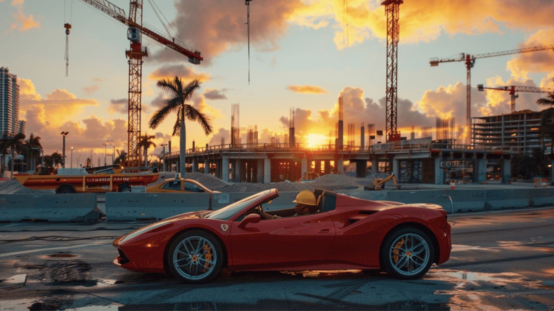 AI generated image of a construction worker delivering a Ferrari to a construction site in Miami at sunset. 