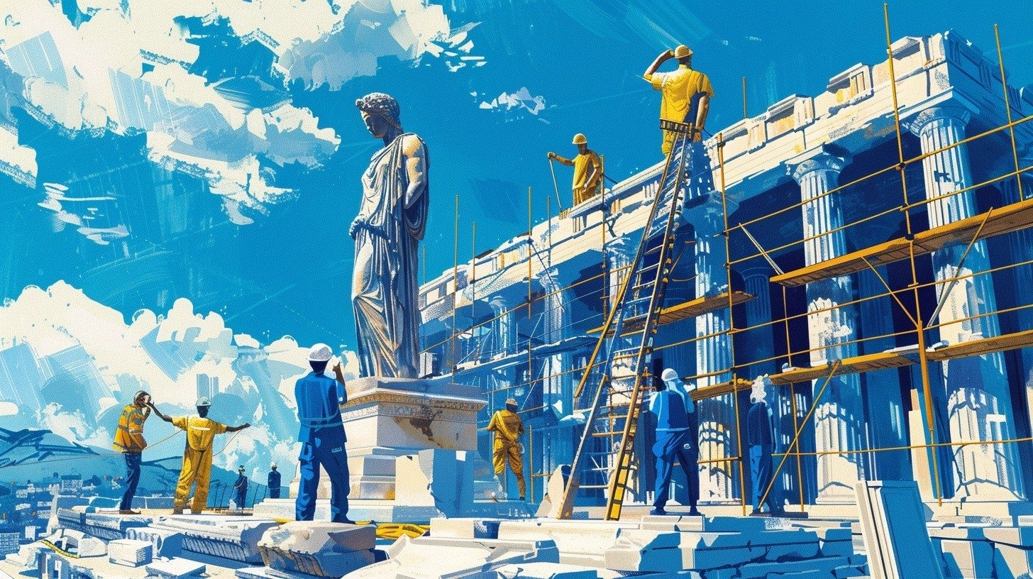 Illustration depicting modern day construction workers building the Ancient Greek Olympic stadiums. AI generated illustration. 